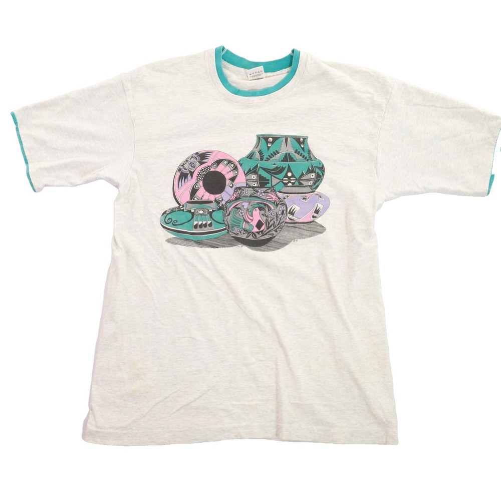 Vintage Fruit of the Loom T-Shirt Graphic Pottery Southwest Art Grey‎ Men L